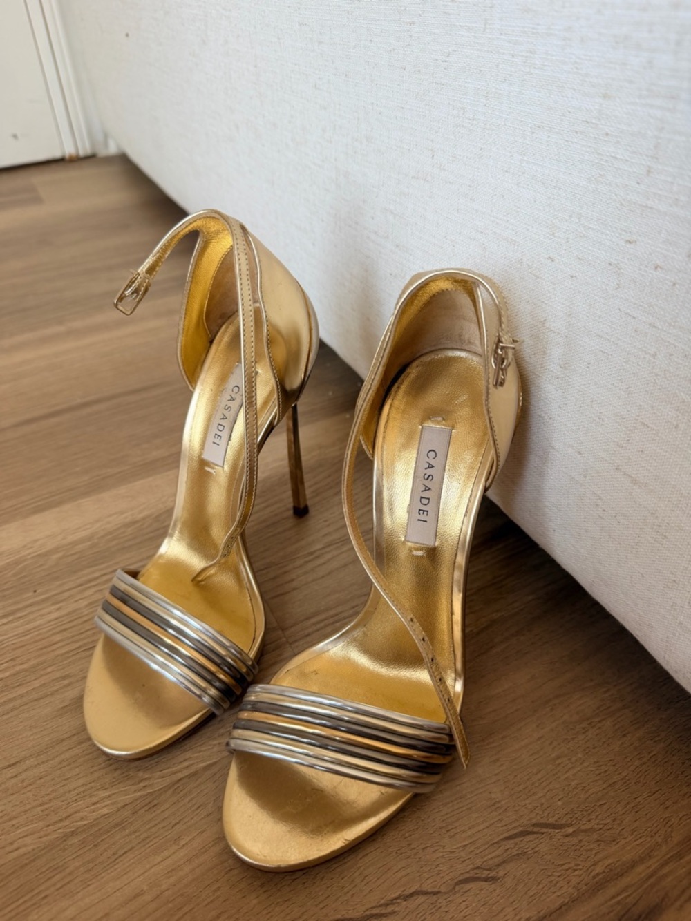 Casadei Metallic Gold Strappy High-Heel Sandals